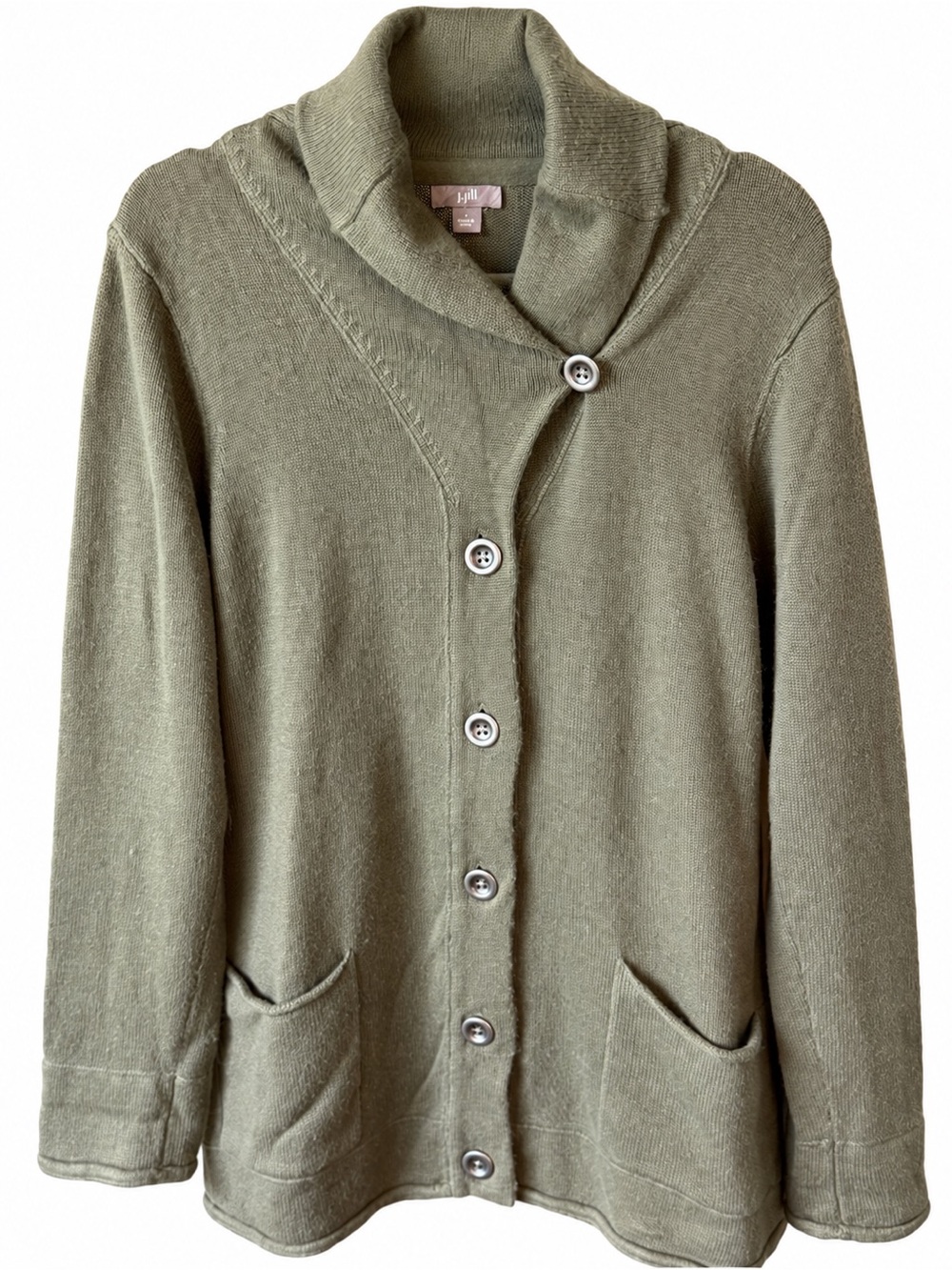 J.Jill Angora Blend Olive Green Shawl Collar Cardigan Sweater L